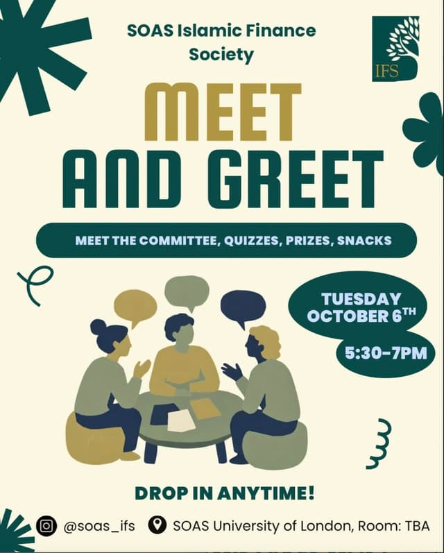 SOAS Ethical and Islamic Finance Society Meet and Greet poster showing students in conversation