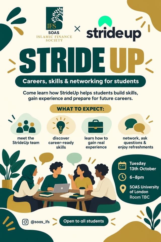 StrideUp and SOAS Ethical and Islamic Finance Society careers event poster with students networking around a table